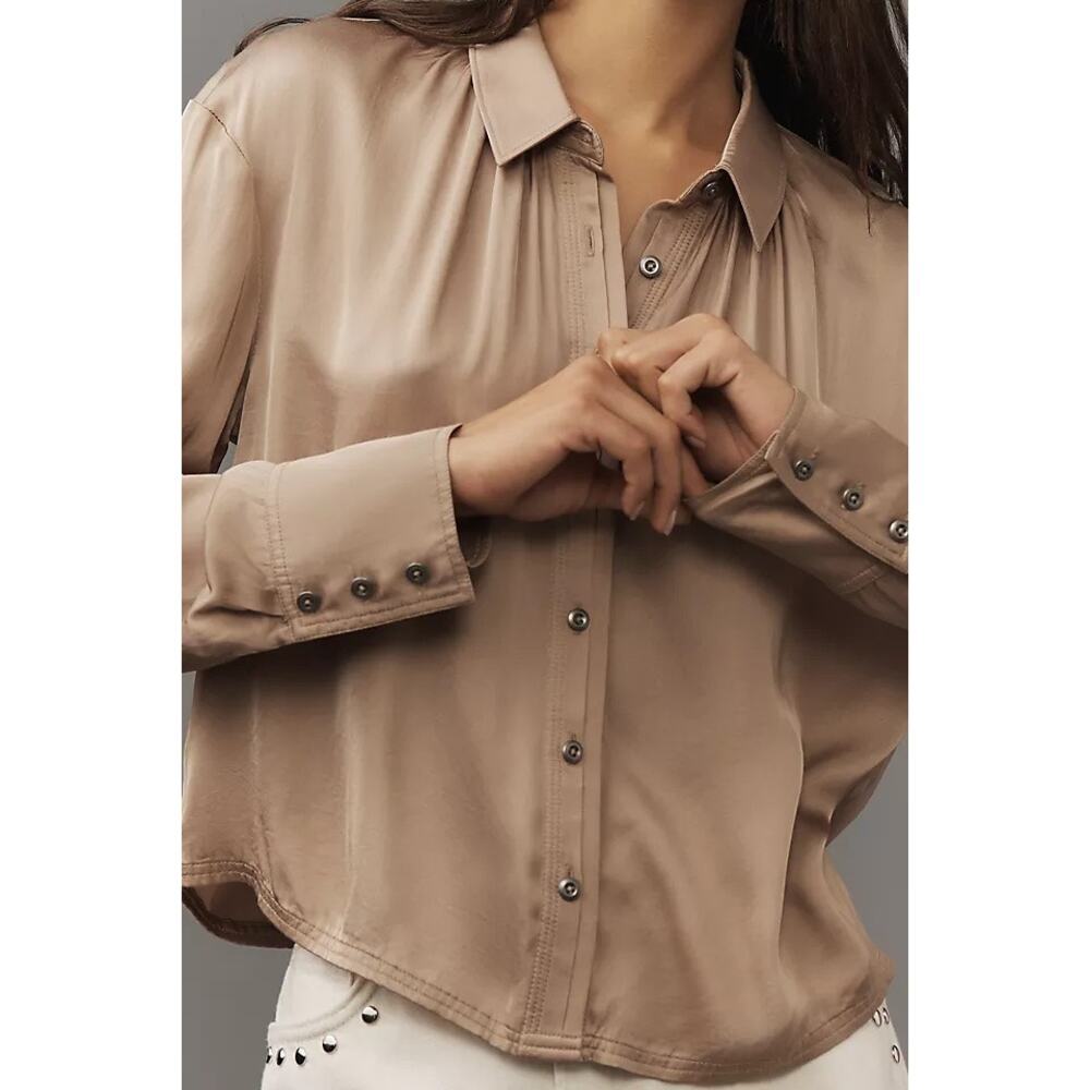 Pilcro Tan Camel Satin Button Up Blouse Top Career Wear Business Casual Size S - Picture 2 of 9